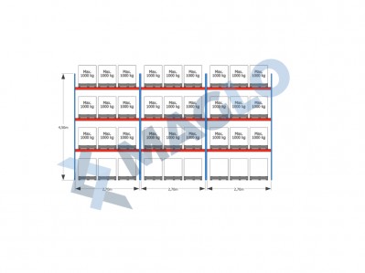 MAGLO - Regały paletowe rzędowe 3-kolumnowe H4500 L8440  Q1000 kg