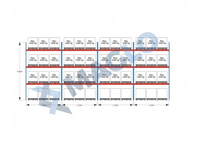 MAGLO - Regały paletowe rzędowe 4-kolumnowe H4500 L11225  Q1000 kg