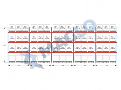 MAGLO - Regały paletowe rzędowe 5-kolumnowe H4500 L14010  Q1000 kg