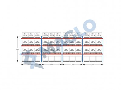 MAGLO - Regały paletowe rzędowe 4-kolumnowe H3500 L11225 Q1000 kg