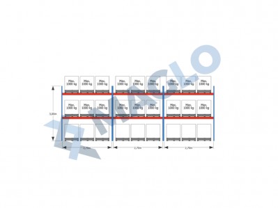 MAGLO - Regały paletowe rzędowe 3-kolumnowe H3000 L8440 Q1000 kg