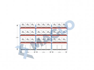 MAGLO - Regały paletowe rzędowe 3-kolumnowe H4500 L8440  Q750 kg