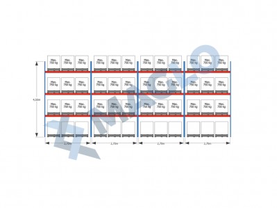 MAGLO - Regały paletowe rzędowe 4-kolumnowe H4500 L11225  Q750 kg