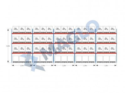 MAGLO - Regały paletowe rzędowe 5-kolumnowe H4500 L14010  Q750 kg