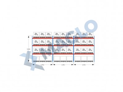 MAGLO - Regały paletowe rzędowe 3-kolumnowe H3500 L8440 Q750 kg