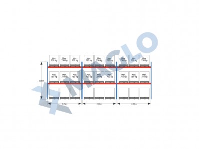 MAGLO - Regały paletowe rzędowe 3-kolumnowe H3000 L8440 Q750 kg