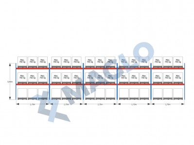 MAGLO - Regały paletowe rzędowe 5-kolumnowe H3000 L14010 Q750 kg