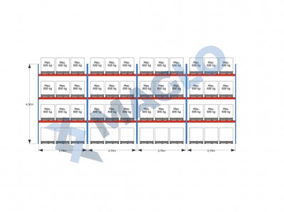 MAGLO - Regały paletowe rzędowe 4-kolumnowe H4500 L11225  Q600 kg