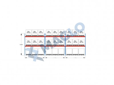 MAGLO - Regały paletowe rzędowe 3-kolumnowe H3000 L8440 Q600 kg