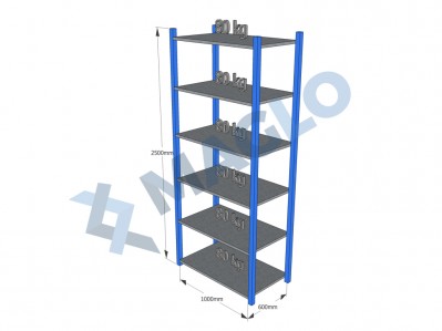 MAGLO - Regał półkowy, płyta metalowa, H2500, 6 półek, wymiary: 1000x600, Q80 kg