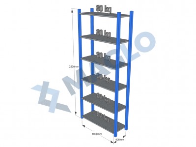 MAGLO - Regał półkowy, płyta metalowa, H2500, 6 półek, wymiary: 1000x400, Q80 kg