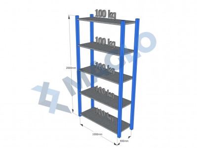 MAGLO - Regał półkowy, płyta metalowa, H2000, 5 półek, wymiary: 1000x400, Q100 kg