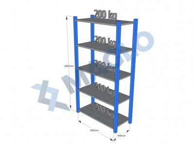 MAGLO - Regał półkowy, płyta metalowa, H1800, 5 półek, wymiary: 895x440, Q200 kg