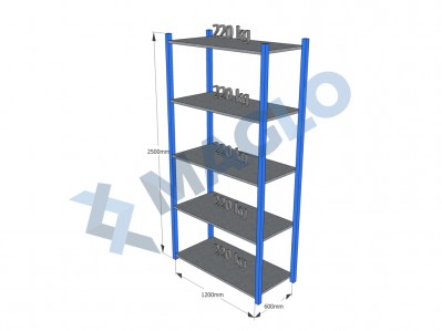 MAGLO - Regał półkowy, płyta metalowa, H2500, 5 półek, wymiary: 1200x600, Q220 kg