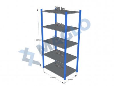 MAGLO - Regał półkowy, płyta metalowa, H2500, 5 półek, wymiary: 1200x800, Q220 kg