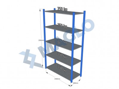 MAGLO - Regał półkowy, płyta metalowa, H2500, 5 półek, wymiary: 1400x600, Q350 kg