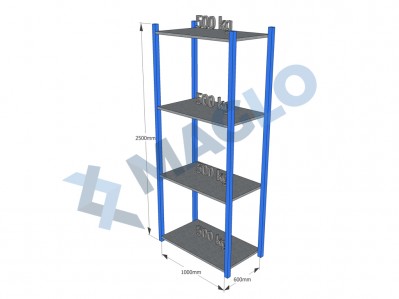 MAGLO - Regał półkowy, płyta metalowa, H2500, 4 półki, wymiary: 1000x600, Q500 kg