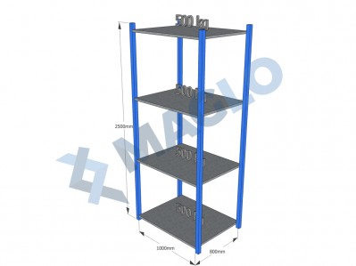 MAGLO - Regał półkowy, płyta metalowa, H2500, 4 półki, wymiary: 1000x800, Q500 kg