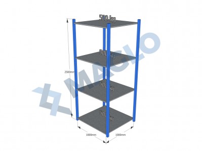 MAGLO - Regał półkowy, płyta metalowa, H2500, 4 półki, wymiary: 1000x1000, Q500 kg