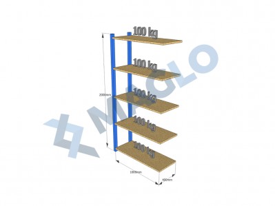 MAGLO - Regał półkowy dostawny, płyta wiórowa, H2000, 5 półek, wymiary: 1000x400, Q100 kg