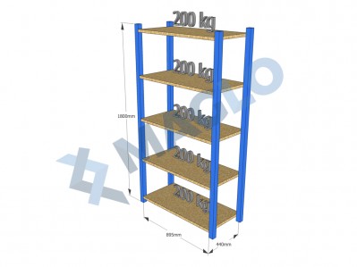 MAGLO - Regał półkowy, płyta wiórowa, H1800, 5 półek, wymiary: 895x440, Q200 kg