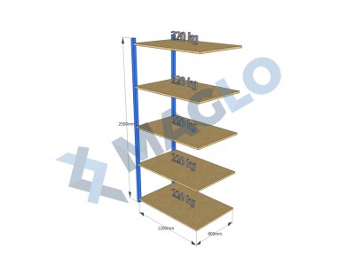 MAGLO - Regał półkowy dostawny, płyta wiórowa, H2500, 5 półek, wymiary: 1200x800, Q220 kg