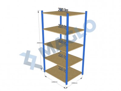 MAGLO - Regał półkowy, płyta wiórowa, H2500, 5 półek, wymiary: 1200x1000, Q220 kg