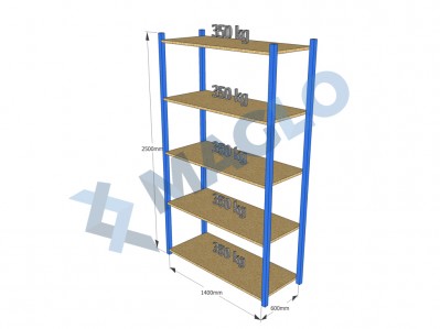 MAGLO - Regał półkowy, płyta wiórowa, H2500, 5 półek, wymiary: 1400x600, Q350 kg