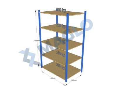 MAGLO - Regał półkowy, płyta wiórowa, H2500, 5 półek, wymiary: 1400x1000, Q350 kg