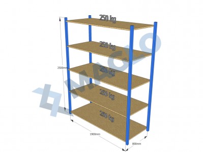 MAGLO - Regał półkowy, płyta wiórowa, H2500, 5 półek, wymiary: 1900x800, Q250 kg